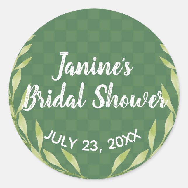 Pegatina Redonda Personalizable de Wreath de hojas verdes modernas (Anverso)