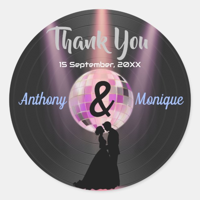 Pegatina Redonda Personalizable Disco Boda (Anverso)