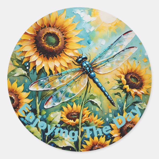 Pegatina Redonda Personalizable Dragon Fly, Dragon Fly y Sunflower, (Anverso)