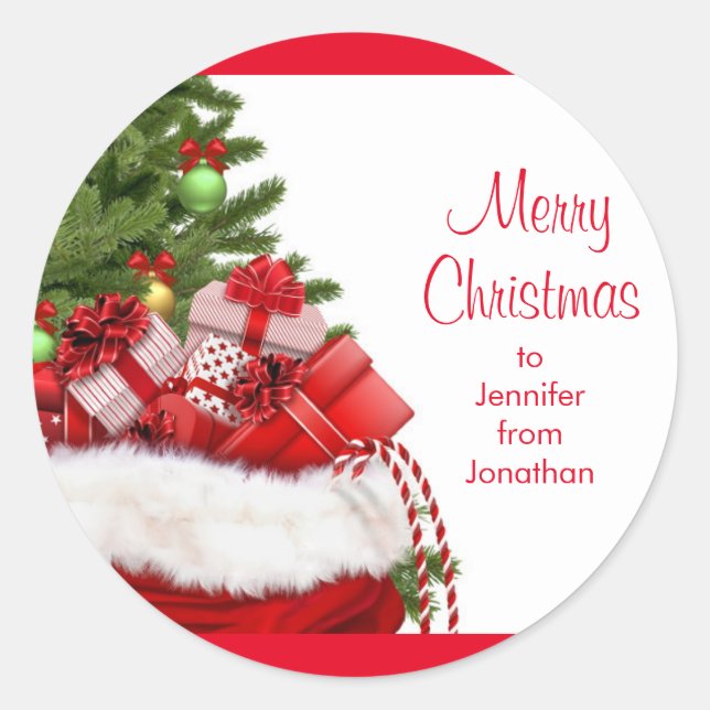 Pegatina Redonda Personalizable Feliz Navidad Tetxt Tree and Gifts (Anverso)