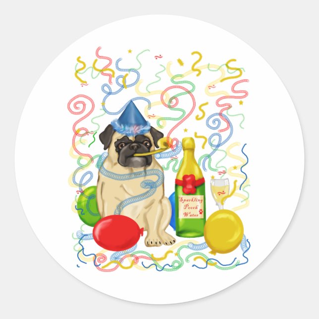 Pegatina Redonda Personalizable Fiesta Pug Celebración Tees and Gif (Anverso)