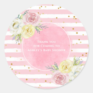 Pegatina Redonda Personalizable Flores de acuarela rosa Gracias