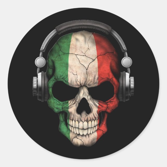 Pegatina Redonda Personalizable italiano Dj Skull con audífonos (Anverso)