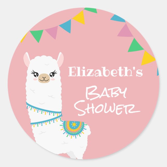 Pegatina Redonda Personalizable Llama Baby Shower (Anverso)