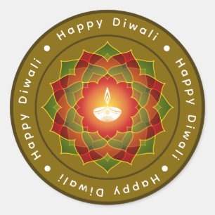 Pegatina Redonda Personalizable Lotus Mandala Rangoli Diwali Lamp