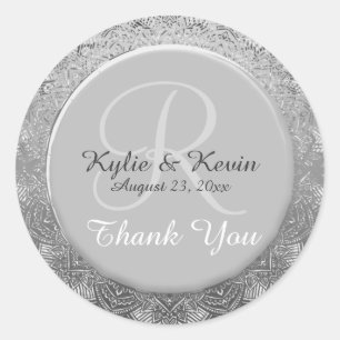 Pegatina Redonda Personalizable Monograma Plata Boda Gracias
