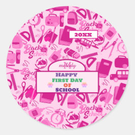 Pegatina Redonda personalizable rosa de vuelta al patrón escolar