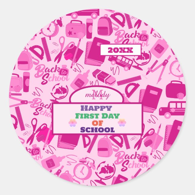 Pegatina Redonda personalizable rosa de vuelta al patrón escolar (Anverso)
