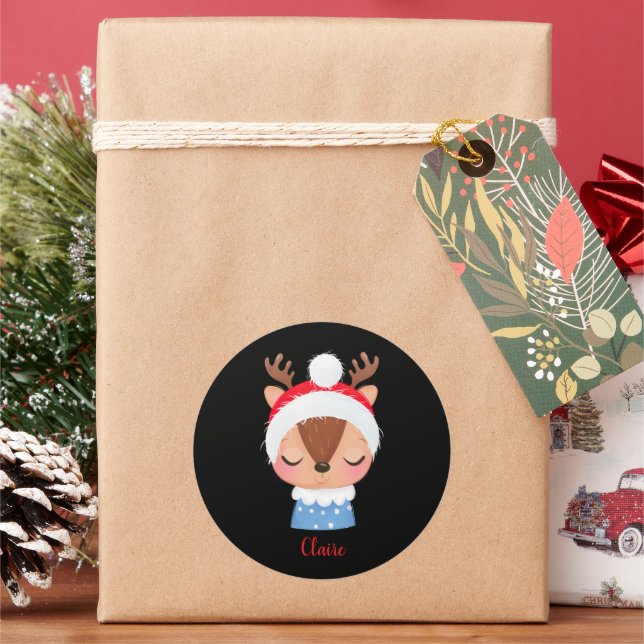 Pegatina Redonda Personalización de Navidades durmiendo cara de ren (Vacaciones)