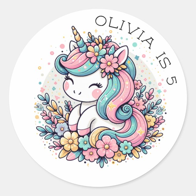 Pegatina Redonda Personalización de unicornio rosa y azul y flores (Anverso)