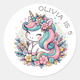 Pegatina Redonda Personalización de unicornio rosa y azul y flores