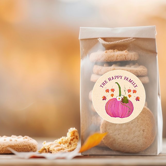 Pegatina Redonda Personalización del follaje otoñal de las calabaza (Thanksgiving Fall Pumpkin Pink Packaging and Party Favor Bags. Easy to personalize)