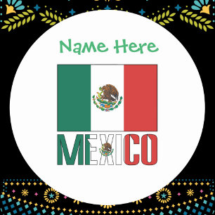 Pegatina Redonda Personalización verde de México y bandera mexicana