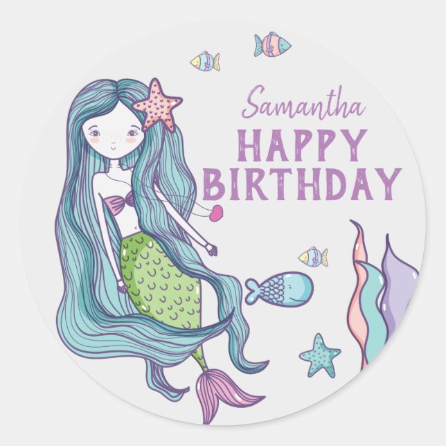 Pegatina Redonda Personalizada la cumpleaños feliz de la sirena (Anverso)