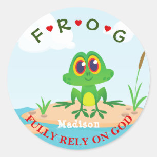 Pegatina Redonda Personalizada y totalmente confiada en Dios Frog P