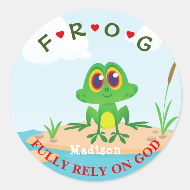 Pegatina Redonda Personalizada y totalmente confiada en Dios Frog P (Anverso)