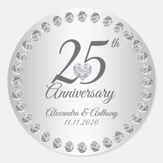 Pegatina Redonda Personalizado 25° aniversario Boda diamantes plate (Anverso)