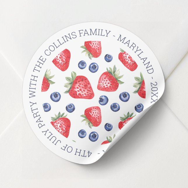 Pegatina Redonda Personalizado acuarela Berries 4 de julio (Custom Watercolor Berries 4th of July Celebration Classic Round Sticker)