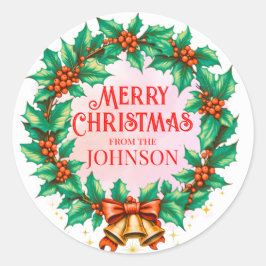 Pegatina Redonda Personalizado acuarela wreath Feliz Navidad