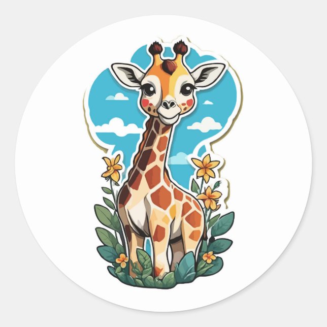 Pegatina Redonda Personalizado Adorable Giraffe con flores tropical (Anverso)