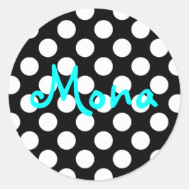 Pegatina Redonda Personalizado Aqua Negro y Blanco de Lunares