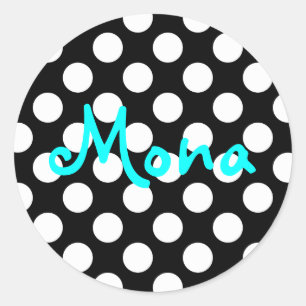 Pegatina Redonda Personalizado Aqua Negro y Blanco de Lunares