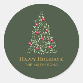 Pegatina Redonda Personalizado Árbol de Navidad verde rojo elegante