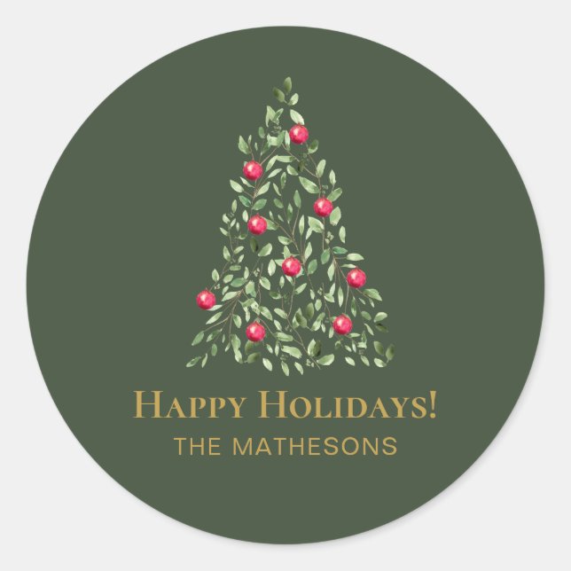 Pegatina Redonda Personalizado Árbol de Navidad verde rojo elegante (Anverso)
