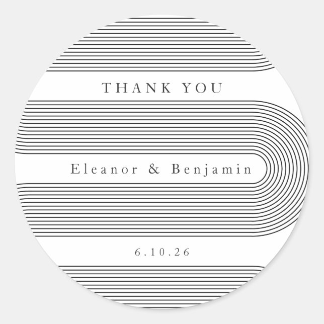 Pegatina Redonda Personalizado Arch Black White Lines Boda de nombr (Anverso)