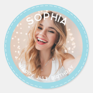Pegatina Redonda Personalizado azul pastel moderno foto de cumpleañ