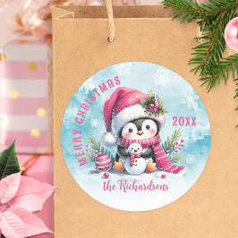 Pegatina Redonda Personalizado azul pingüino y rosa dulce Navidad