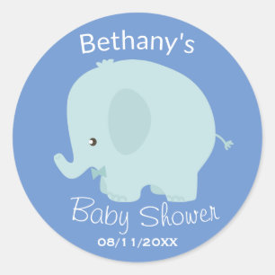 Pegatina Redonda Personalizado Baby Shower Cute Blue Elephant Boy