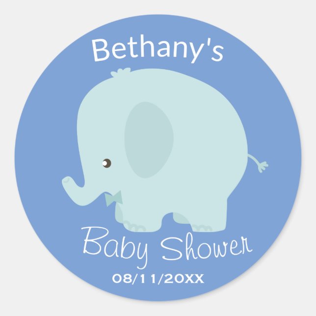 Pegatina Redonda Personalizado Baby Shower Cute Blue Elephant Boy (Anverso)