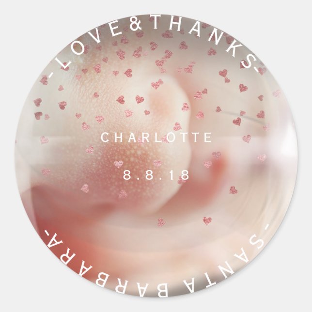Pegatina Redonda Personalizado Baby Shower Gracias A Pink Rose Hear (Anverso)