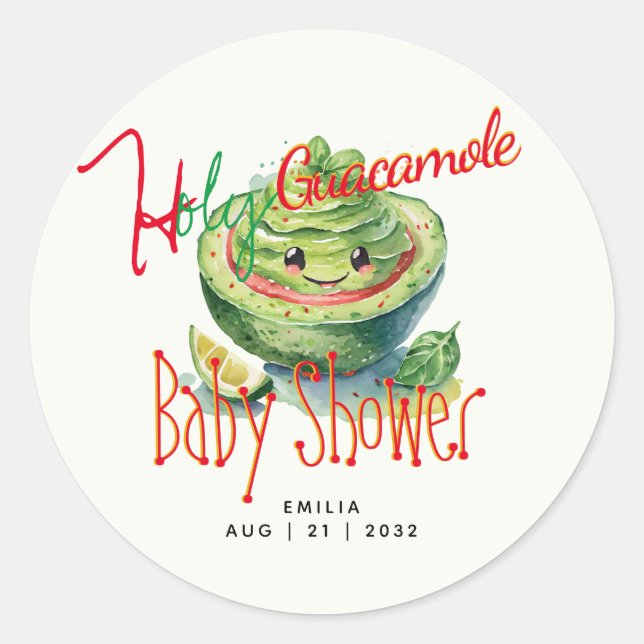 Pegatina Redonda Personalizado Baby Shower Holy Guacamole Fiesta (Anverso)