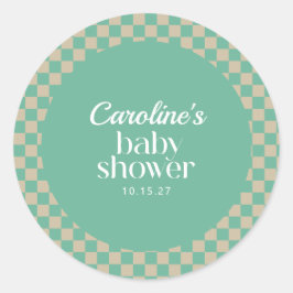 Pegatina Redonda Personalizado Baby Shower Retro Checkerboard Mint 