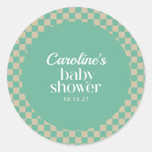 Pegatina Redonda Personalizado Baby Shower Retro Checkerboard Mint