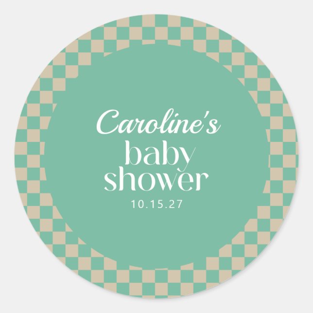 Pegatina Redonda Personalizado Baby Shower Retro Checkerboard Mint  (Anverso)