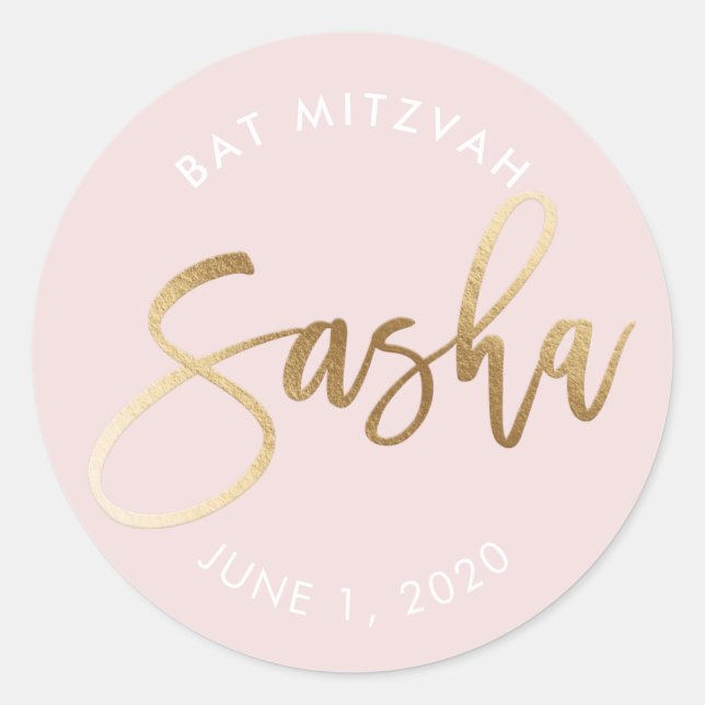 Pegatina Redonda PERSONALIZADO Bat Mitzvah nombre dorado rosa SASHA (Anverso)