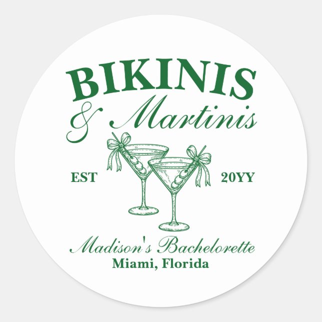 Pegatina Redonda Personalizado Bikinis y Martinis Bachelorette (Anverso)