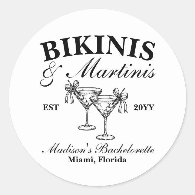 Pegatina Redonda Personalizado Bikinis y Martinis Bachelorette (Anverso)