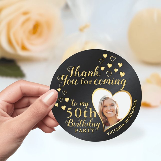 Pegatina Redonda Personalizado Black and Gold 50th Birthday Gracias (Black and Gold 50th Birthday Thank You Stickers with Custom Photo, Name and  Milestone)