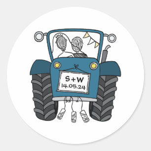 Pegatina Redonda Personalizado Blue Tractor Country Barn Rustic Bod