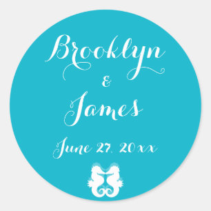 Pegatina Redonda Personalizado Blue White Seahorse Wedding Stickers