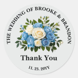 Pegatina Redonda Personalizado Boda Floral Azul y Blanco Gracias