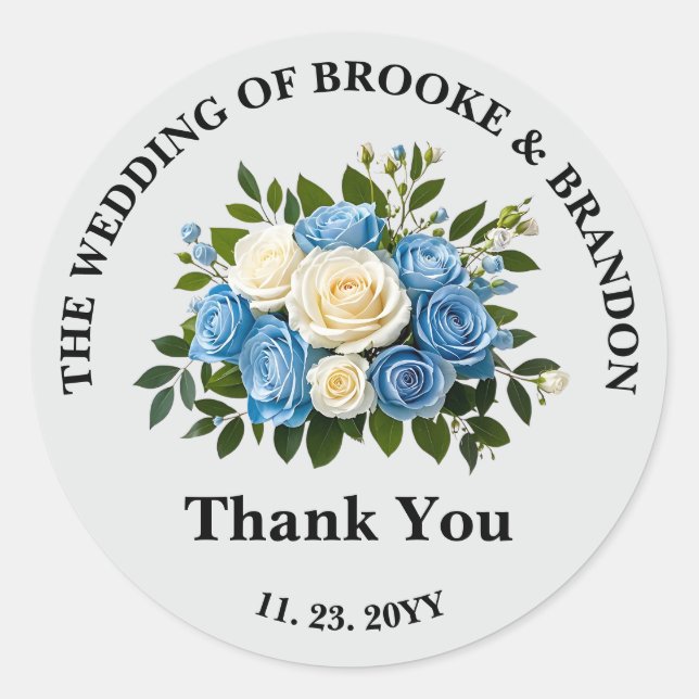 Pegatina Redonda Personalizado Boda Floral Azul y Blanco Gracias (Anverso)