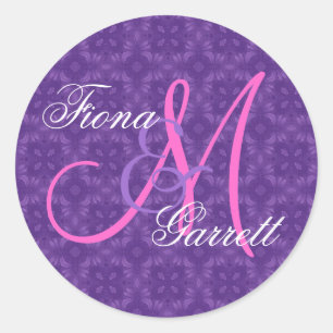 Pegatina Redonda Personalizado Boda púrpura Monograma V07