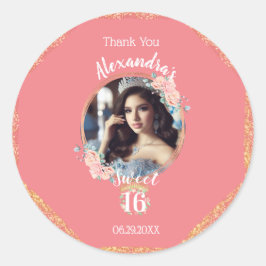 Pegatina Redonda Personalizado Boho Rosa Gold Foto Dieciséis Gracia