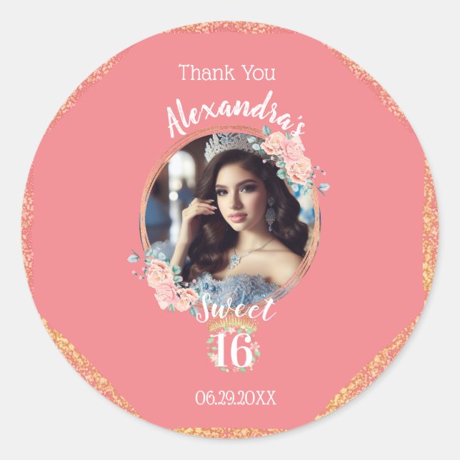 Pegatina Redonda Personalizado Boho Rosa Gold Foto Dieciséis Gracia (Anverso)