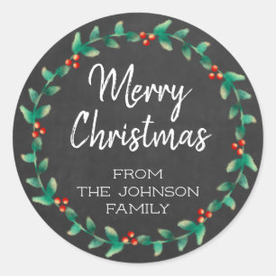 Pegatina Redonda Personalizado Chalkboard Feliz Navidad Holly Wreat
